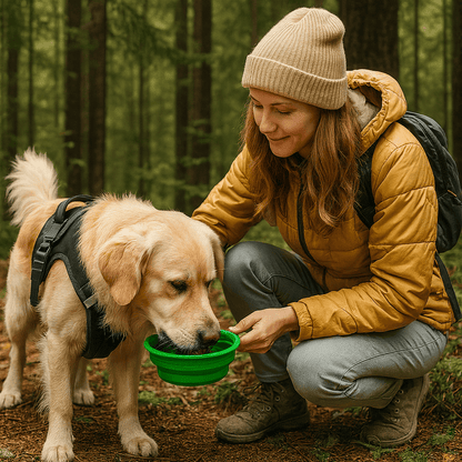 chien qui boit dans une gamelle verte pliable dans la forêt-Pet-Nomade