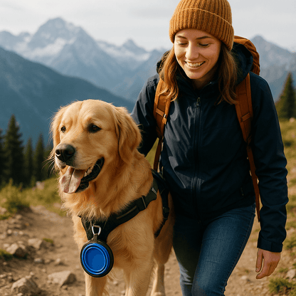 Chien en randonnée avec gamelle pliable bleu Pet Nomade